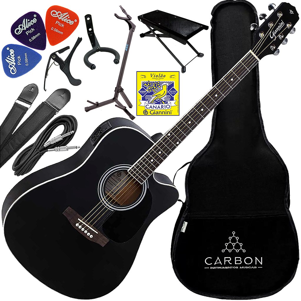 Kit Violão Folk Eletroacústico Aço Giannini GDC-1 CEQ SBK Vx03