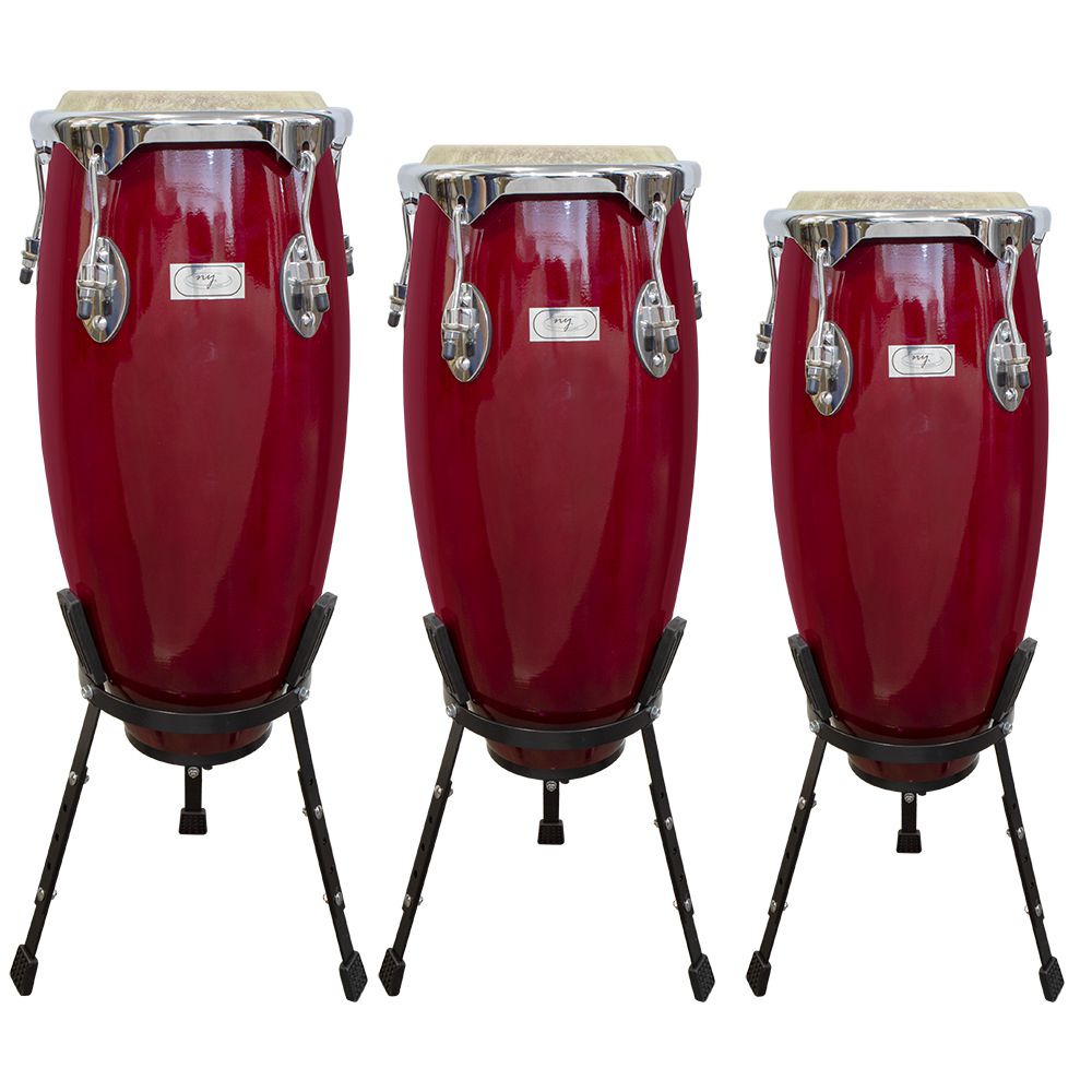 Trio de Congas New York 10” 11” e 12” Vermelha com Suporte