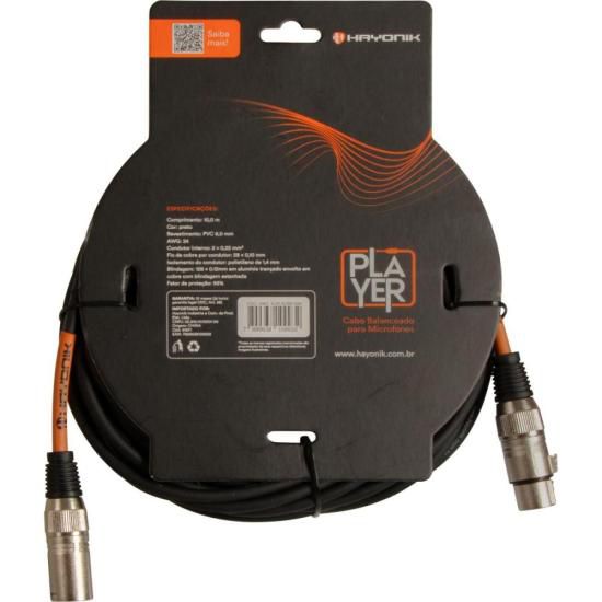 Cabo Para Microfone Player XLR(F) x XLR(M) 10m Preto Hayonik
