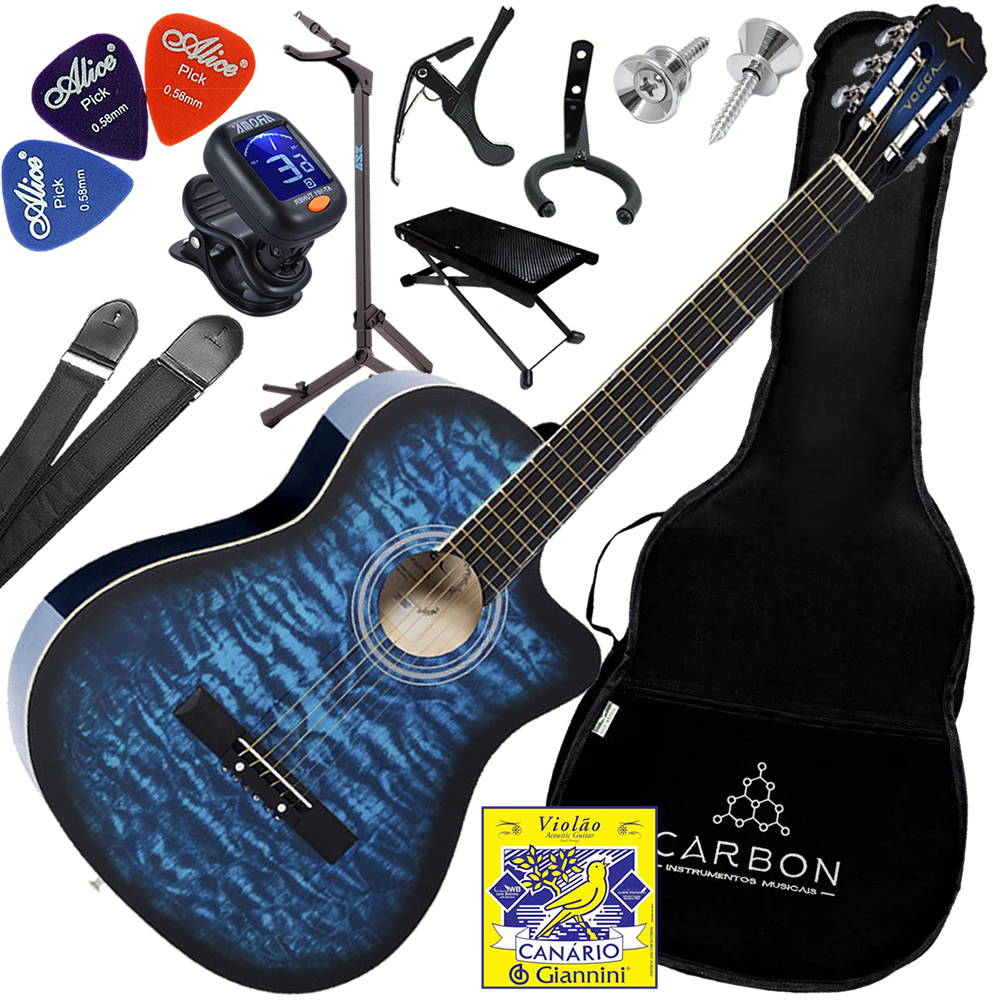 Kit Violão Acústico Vogga Vca217nc Bl Cordas Nylon Azul Vx06