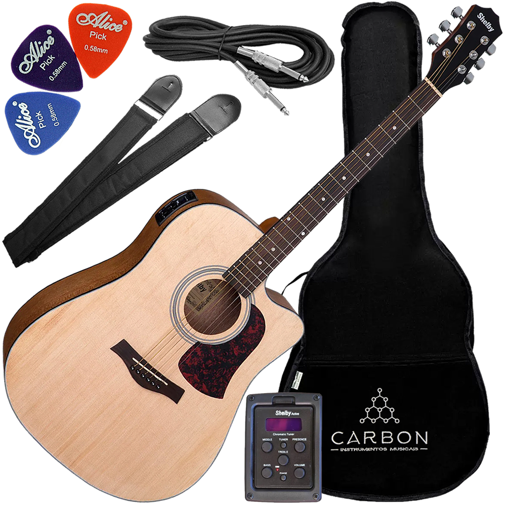 Kit Violão Eletroacústico Aço Shelby Sgd193c Stnt Natural Vx01