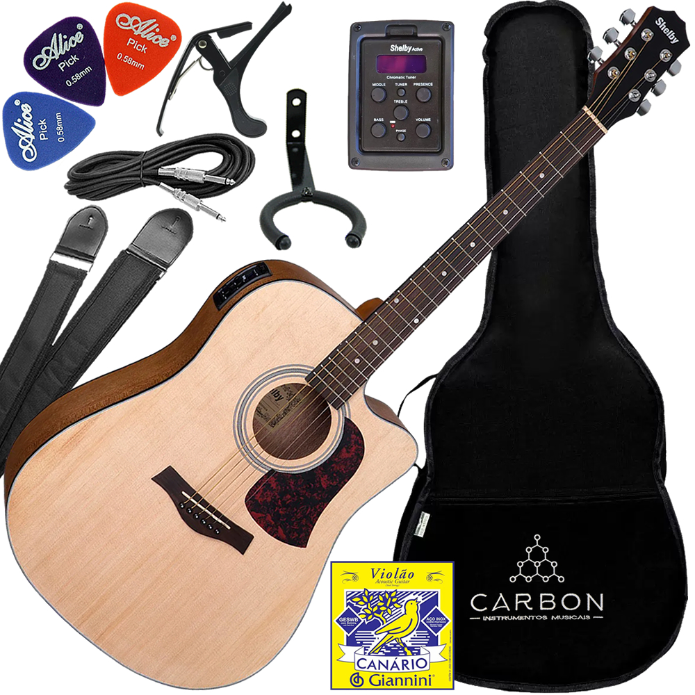 Kit Violão Eletroacústico Aço Shelby Sgd193c Stnt Natural Vx02