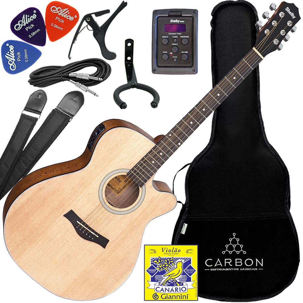 Kit Violão Eletroacústico Shelby Sga194c Stnt Natural Fosco Aço Vx02