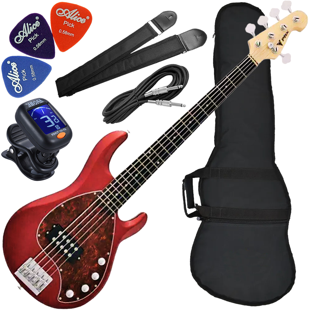 Kit Contrabaixo Elétrico PHX MSR-5 MRD Five 5 Cordas Vermelho Bx01