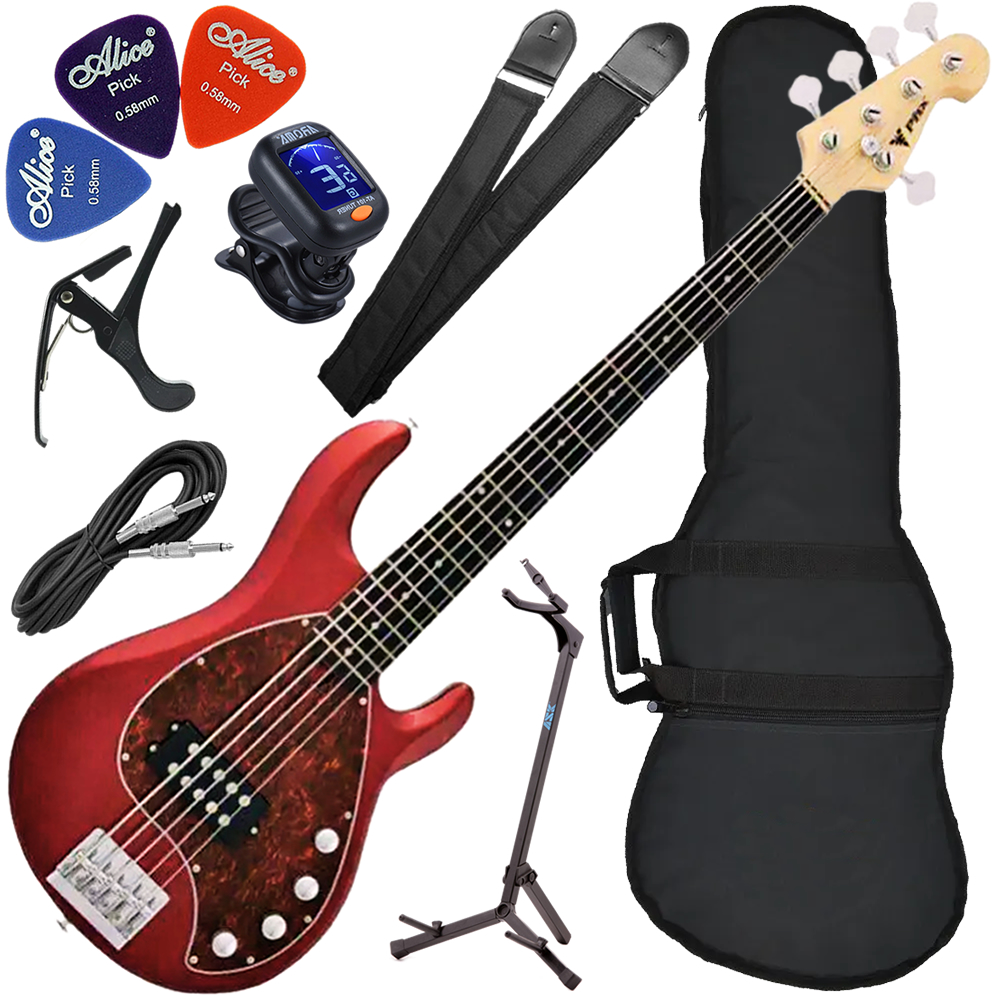 Kit Contrabaixo Elétrico PHX MSR-5 MRD Five 5 Cordas Vermelho Bx02