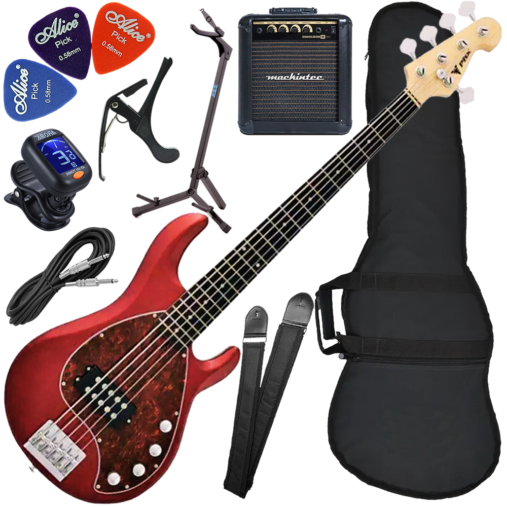 Kit Contrabaixo Elétrico PHX MSR-5 MRD Five 5 Cordas Vermelho Bx03