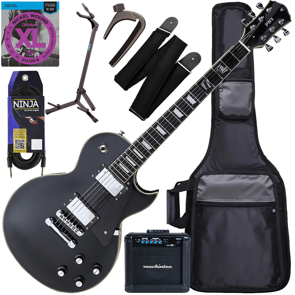Kit Guitarra Elétrica Les Paul PHX Studio LP-5 BK Flamed Maple Preta Gx04