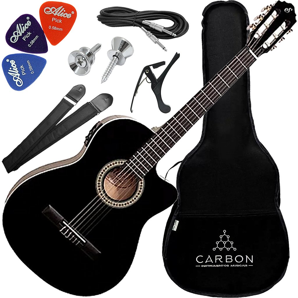 Kit Violão Flat Giannini Eletroacústico NF-14 Ceq Bk Nylon Cutaway Preto