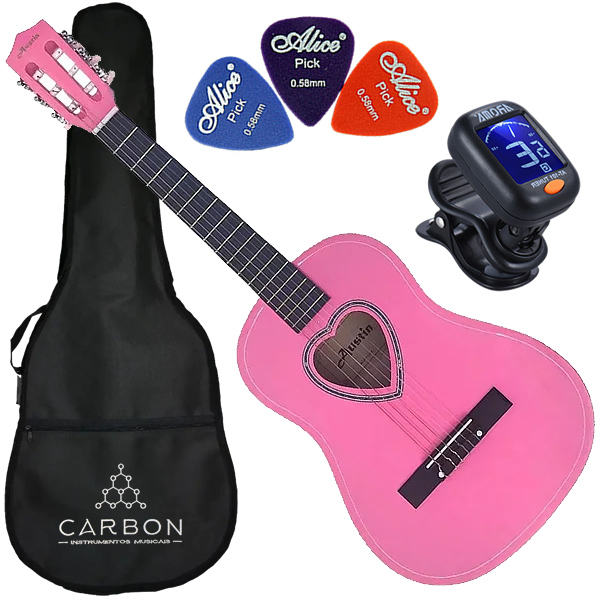 Kit Violão Acústico Canhoto Nylon Austin 941SPK Rosa Juvenil Coração