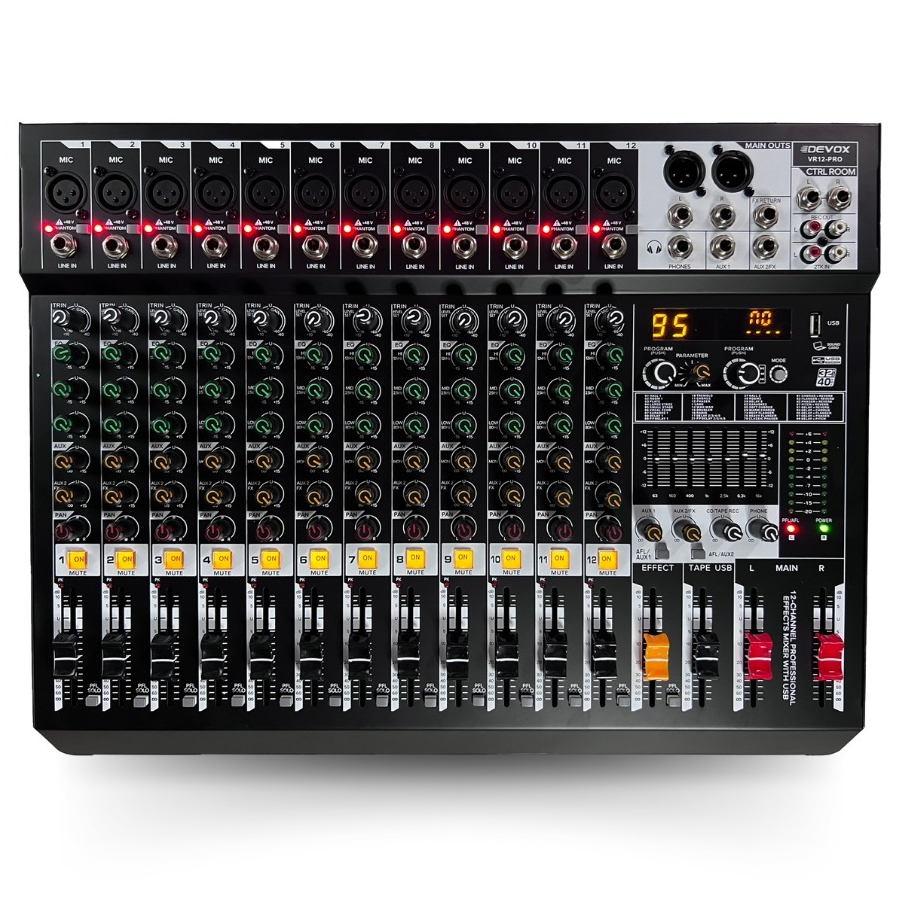 Mesa de Som Devox Vr12-Pro Usb 12 Canais Entrada Xlr P10 Eq 3 Vias