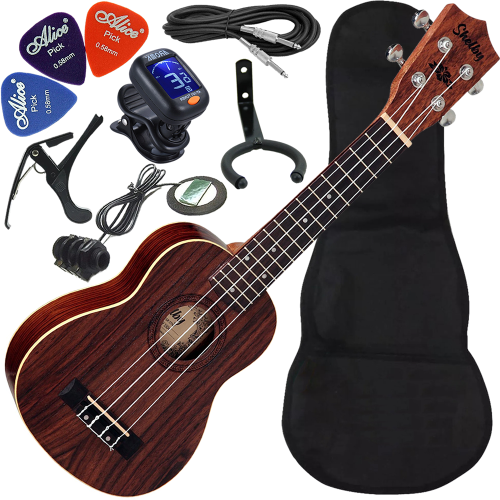 Kit Ukulele Soprano Elétrico Shelby Su21r Jacarandá Acetinado Ux02
