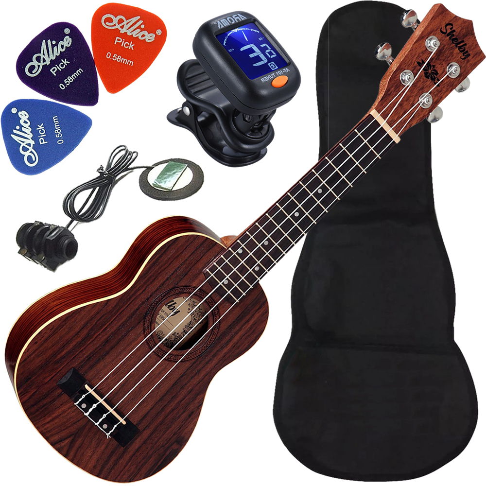 Kit Ukulele Soprano Elétrico Shelby Su21r Jacarandá Acetinado Ux04