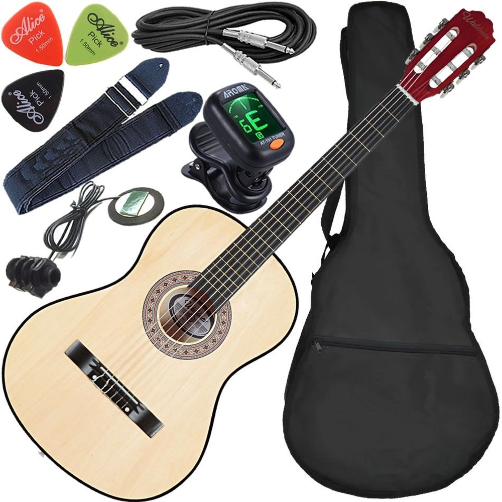 Kit Violão Elétrico Waldman Popstar Pp1 Natural Cordas Nylon C/ Acessórios