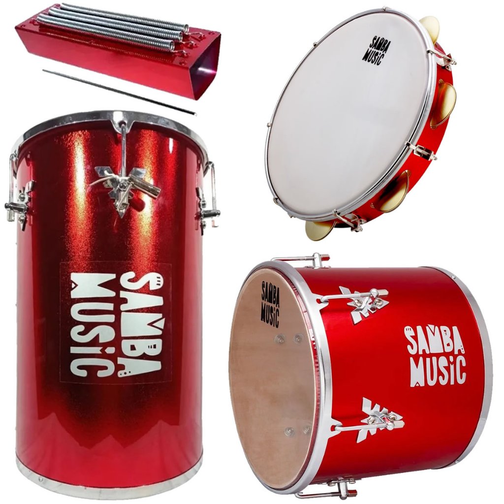 Kit Percussão Samba Music Vermelho PHX Rebolo Repique Reco-Reco e Pandeiro