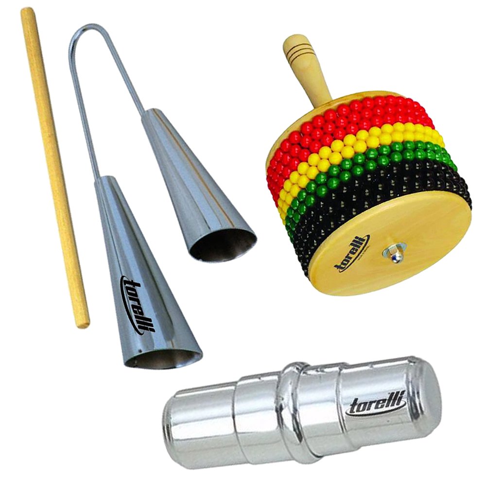 Kit Percussão Agogo + Ganza Alumínio + Afuxé Torelli