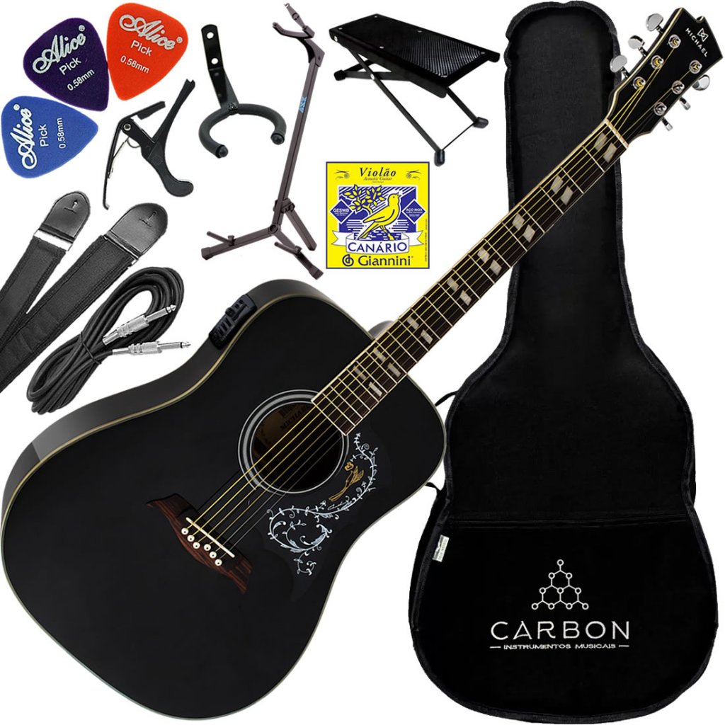 Kit Violão Elétrico Folk Michael Vm925Dt Bk Galaxy Preto
