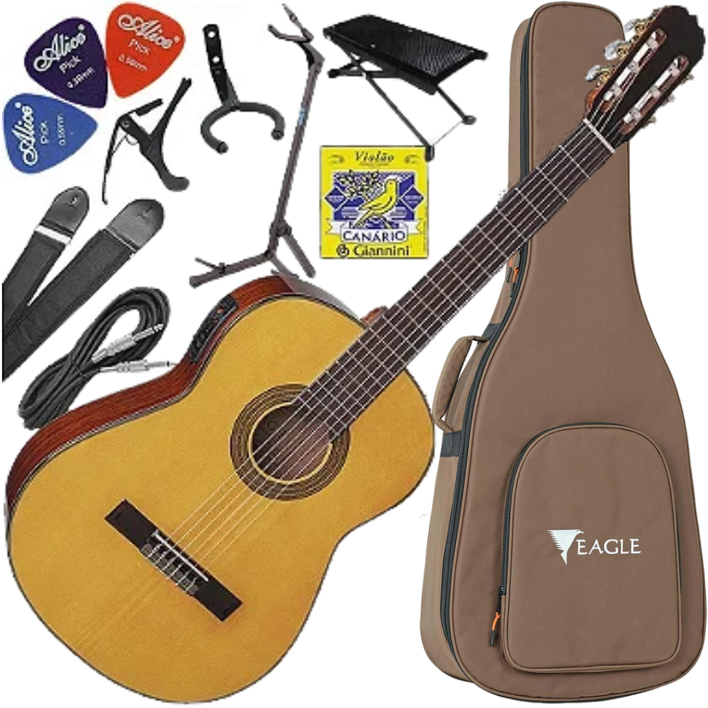 Kit Violão Elétrico Eagle DH69T Nylon Natural Brilhante Vx03