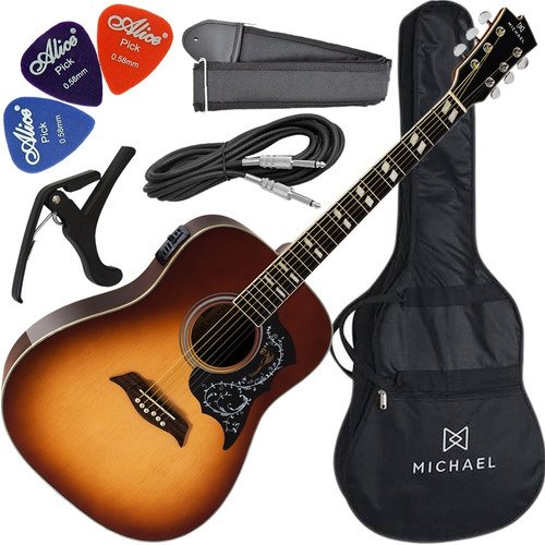 Kit Violão Elétrico Folk Aço Michael Vm925 Vintage Sunburst