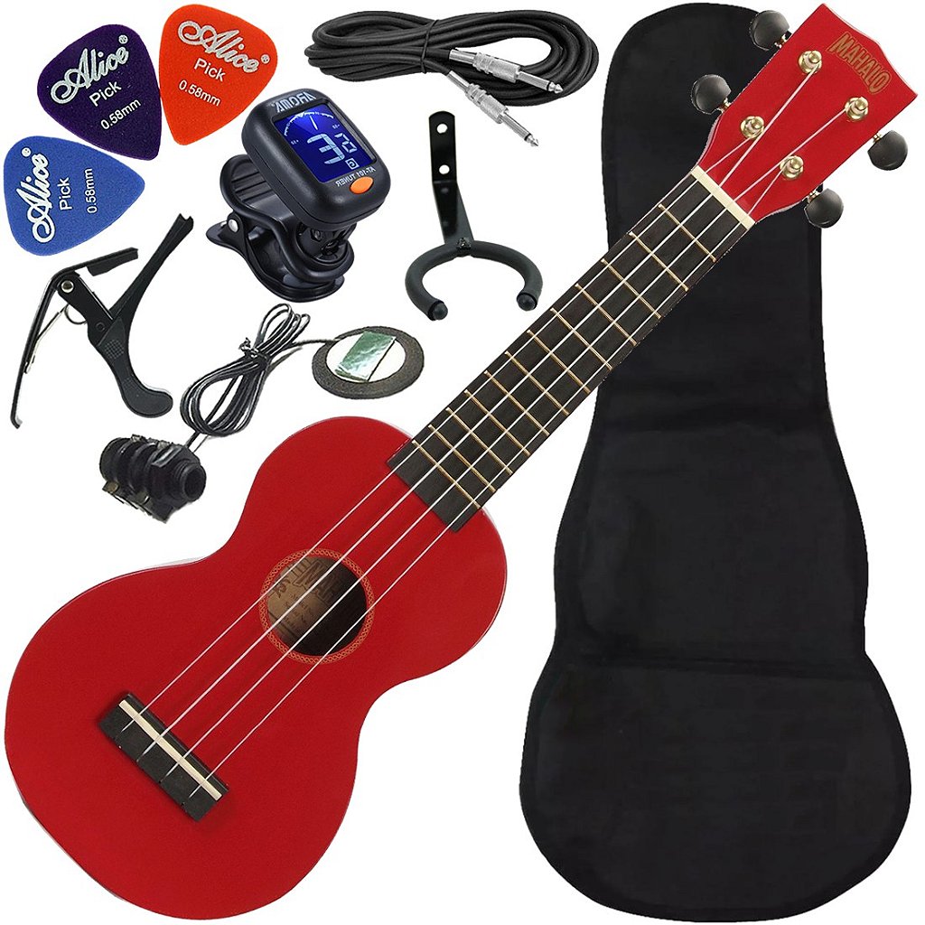 Kit Ukulele Soprano Elétrico Mahalo Mr1 Vermelho Cordas Aquila MR1-RD Ux02