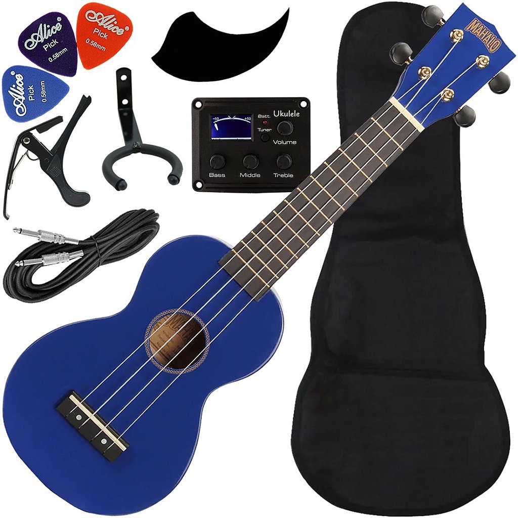 Kit Ukulele Soprano Elétrico Ativo Mahalo Mr1 Eq Azul Cordas Aquila MR1-BU Ux03