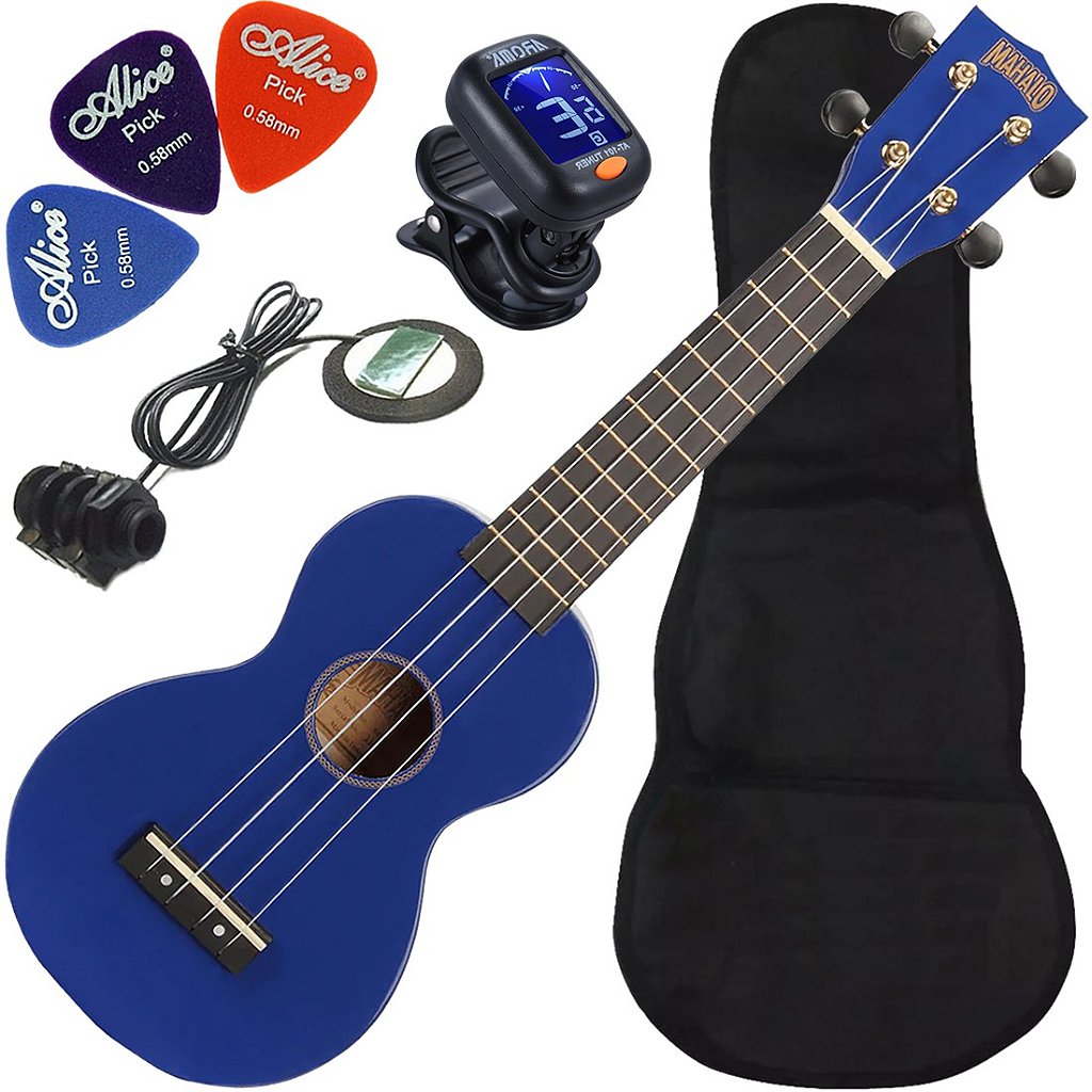 Kit Ukulele Soprano Elétrico Mahalo Mr1 Eq Azul Cordas Aquila MR1-BU Ux04