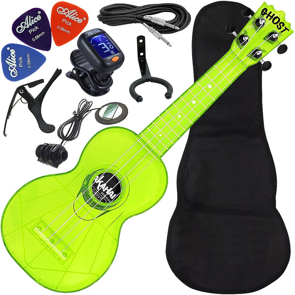 Kit Ukulele Akahai Ghost Soprano Elétrico Ativo Hawaii Lemon Transparente Ux03