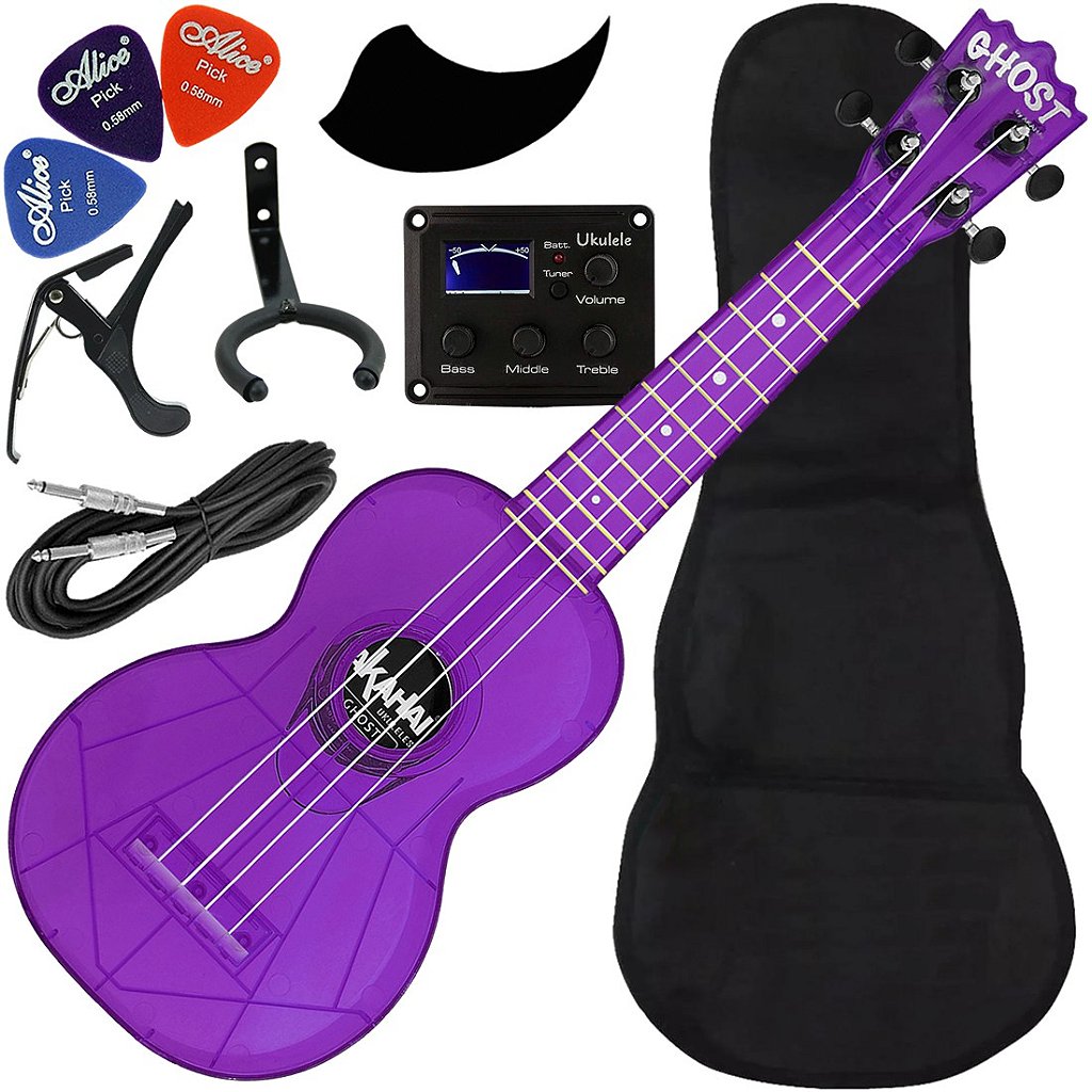 Kit Ukulele Akahai Ghost Soprano Elétrico Ativo Hawaii Black Berry Transparente Ux03