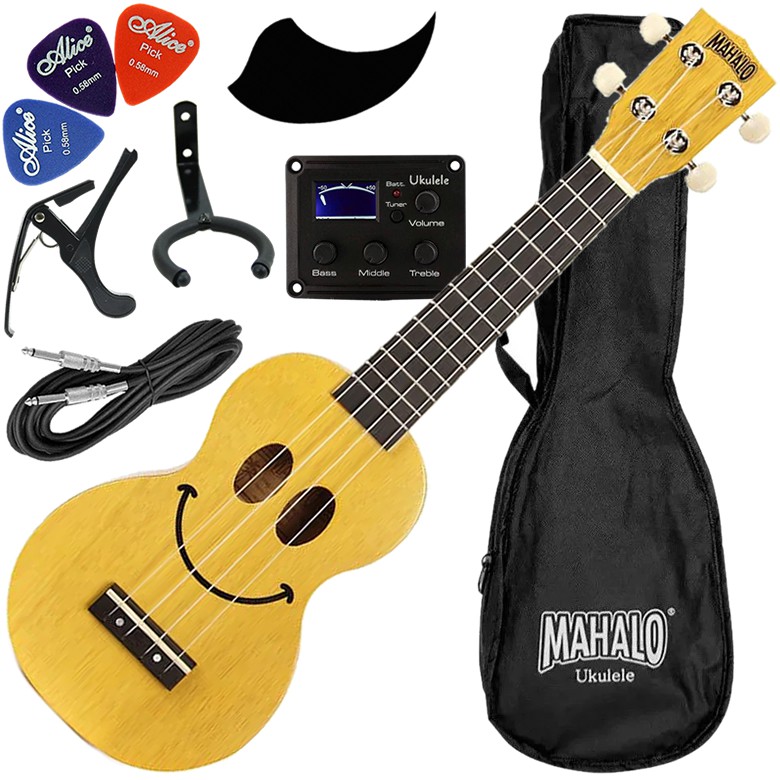 Kit Ukulele Soprano Elétrico Ativo Mahalo Série U-Smile EQ Amarelo C/ Capa Ux03