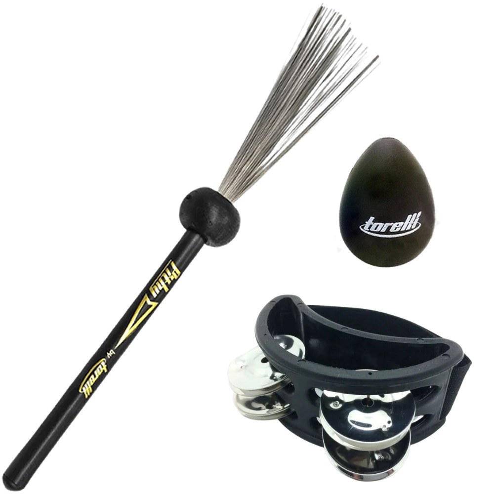 Kit Vassourinha de Aço Torelli + Pandeiro de Pé + Ovinho Ganza de Plástico Torelli
