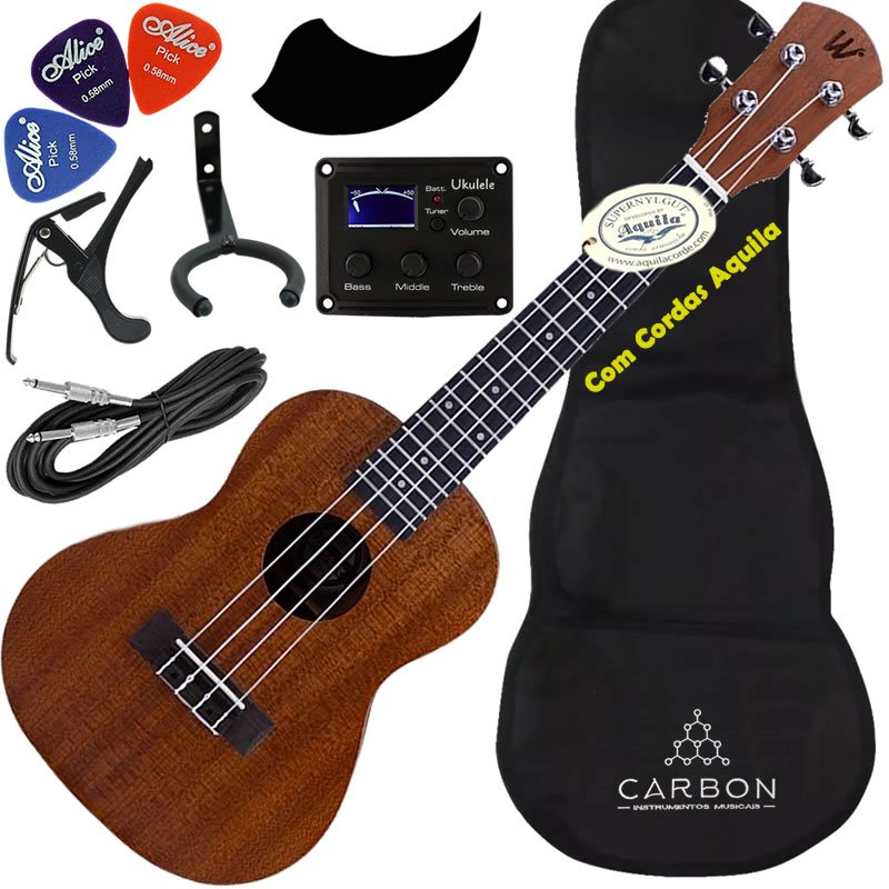 Kit Ukulele Concert Eletrico Cordas Aquila Sapele Com Equalizador Winner Ux03