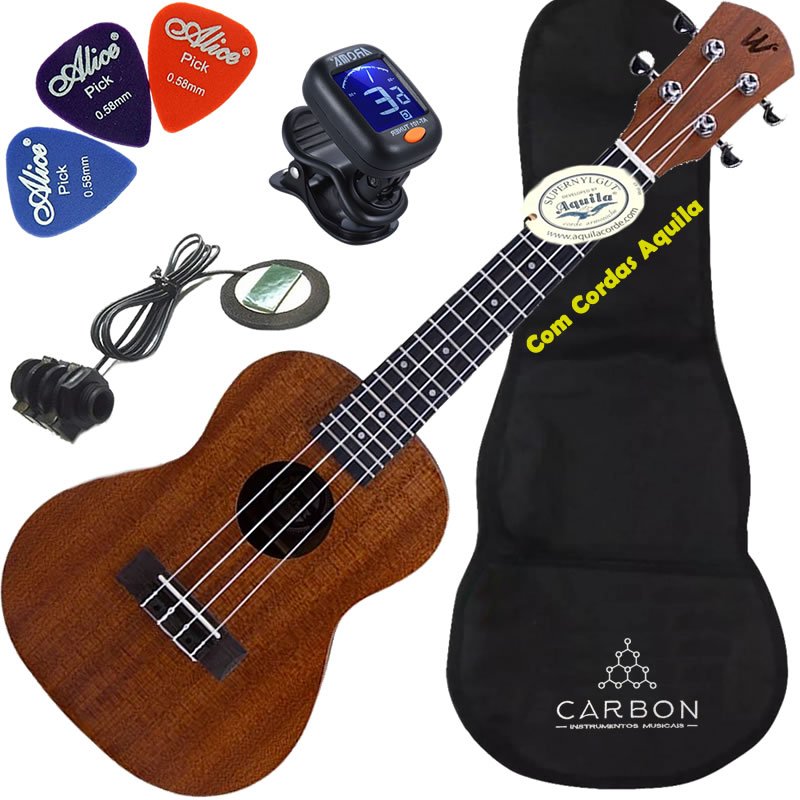 Kit Ukulele Concert Elétrico Cordas Aquila Sapele Natural