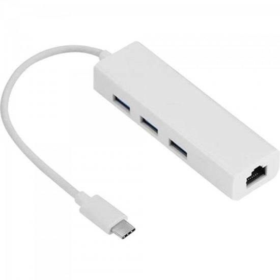 Cabo Adaptador USB Tipo C Macho Para 3 X USB 3.0 Femea e 1 X RJ45 Femea ADAP 0055 Branca STORM