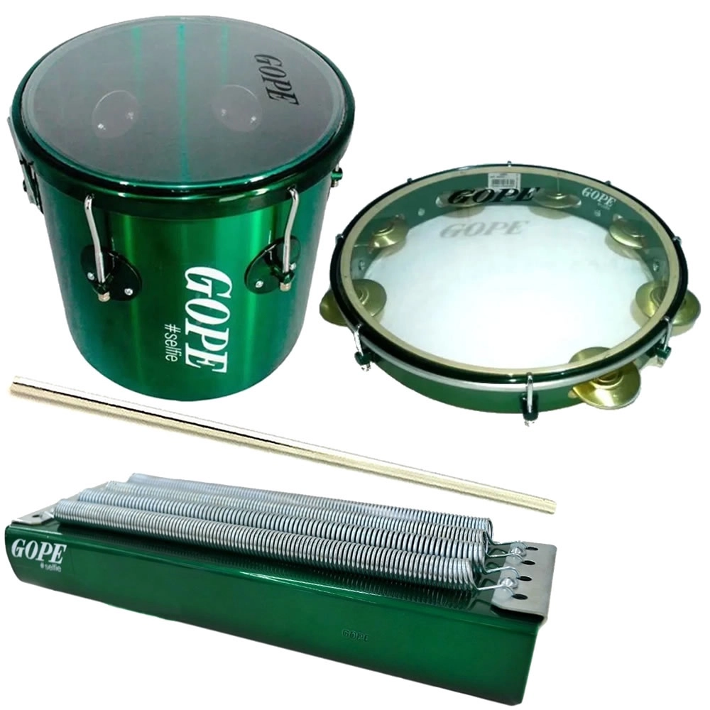 Kit Percussão Gope Repique Pandeiro Reco Reco Selfie Verde