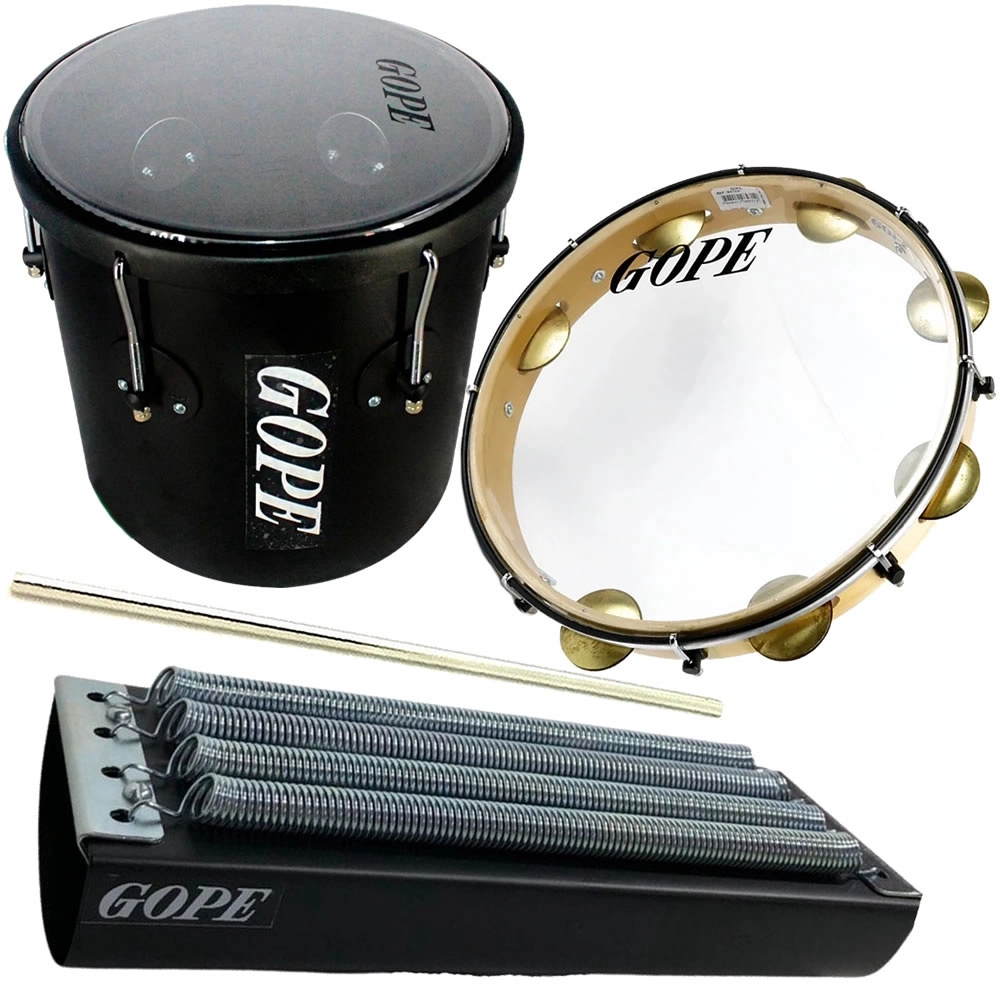 Kit Percussão Gope Preto Pandeiro Repique Reco Reco