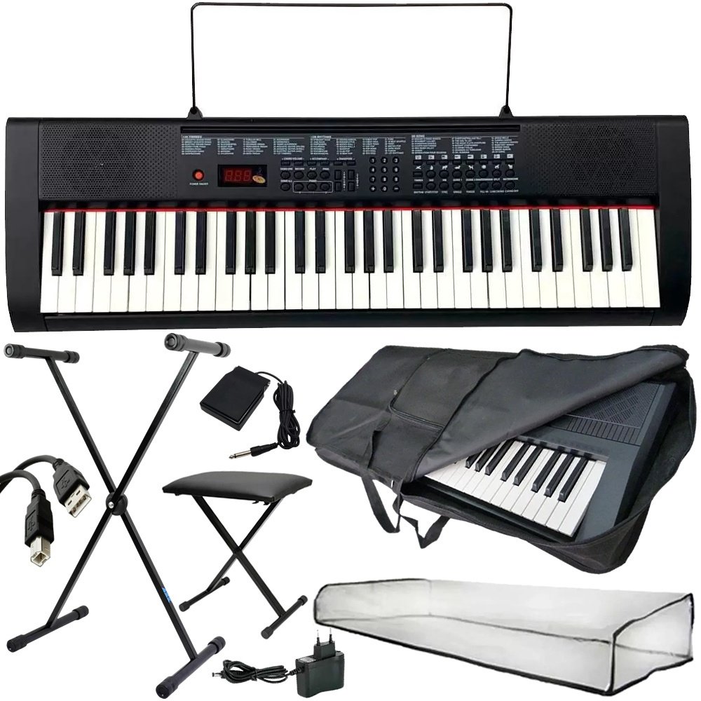 Kit Teclado Queens Max 61 Teclas Fonte + Capa Banco Suporte