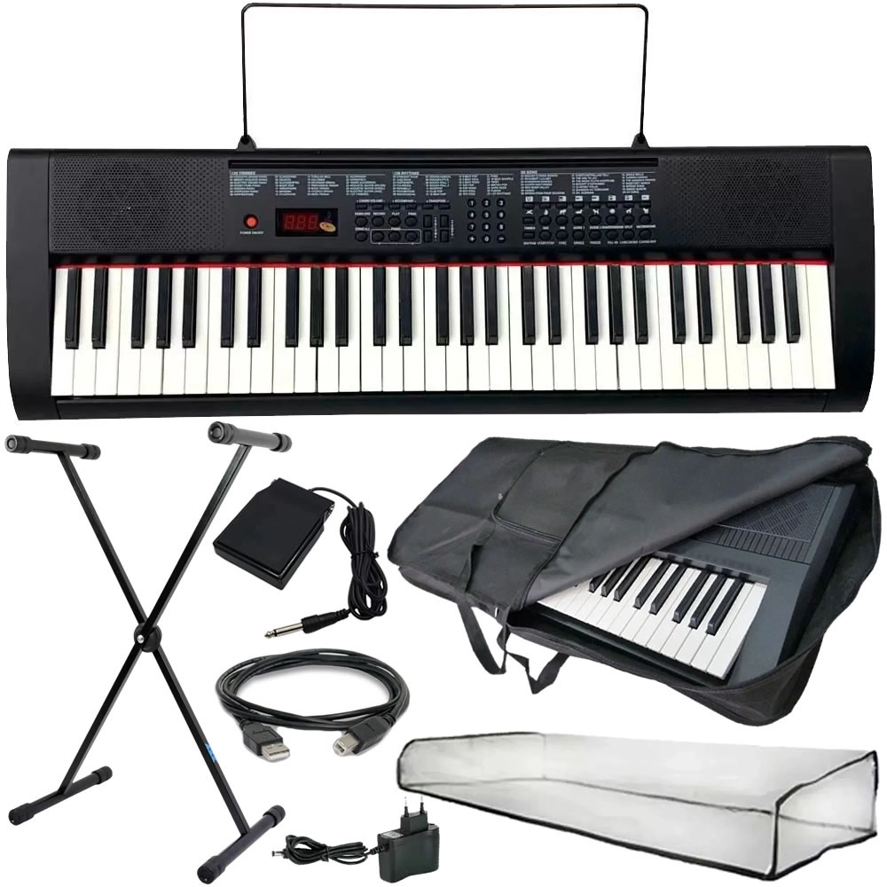 Kit Teclado Queens Max 61 Teclas Com Fonte + Capa + Suporte