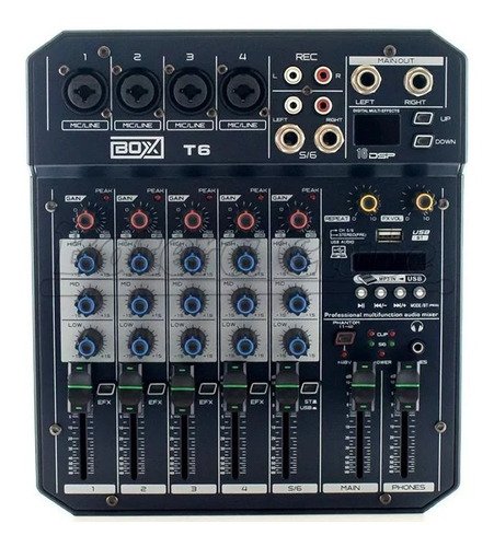 Mesa de Som 5 Canais Mixer Boxx T6 Interface Usb Otg P10 Xlr