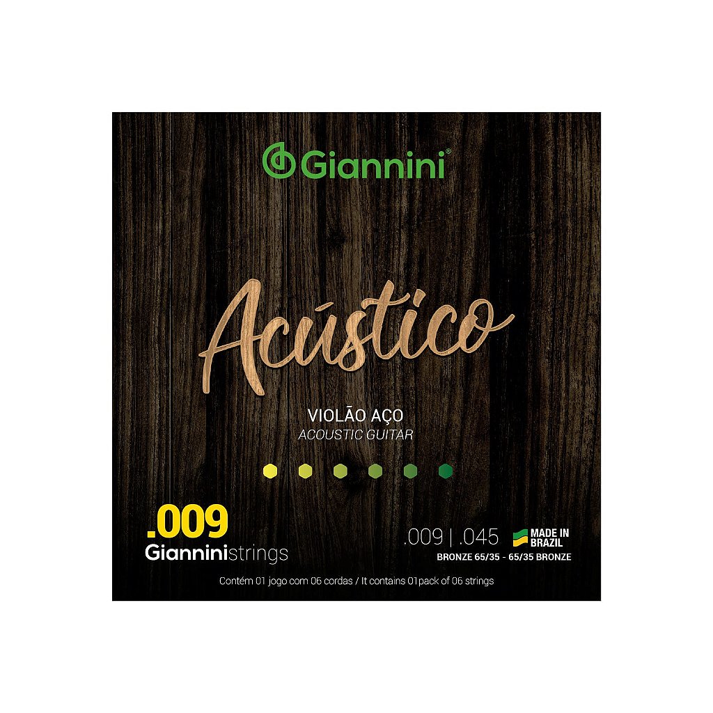 Encordoamento Violão Aço 6 Cordas Giannini Acústico Bronze 65/35 GESWAL (.009 – .045)