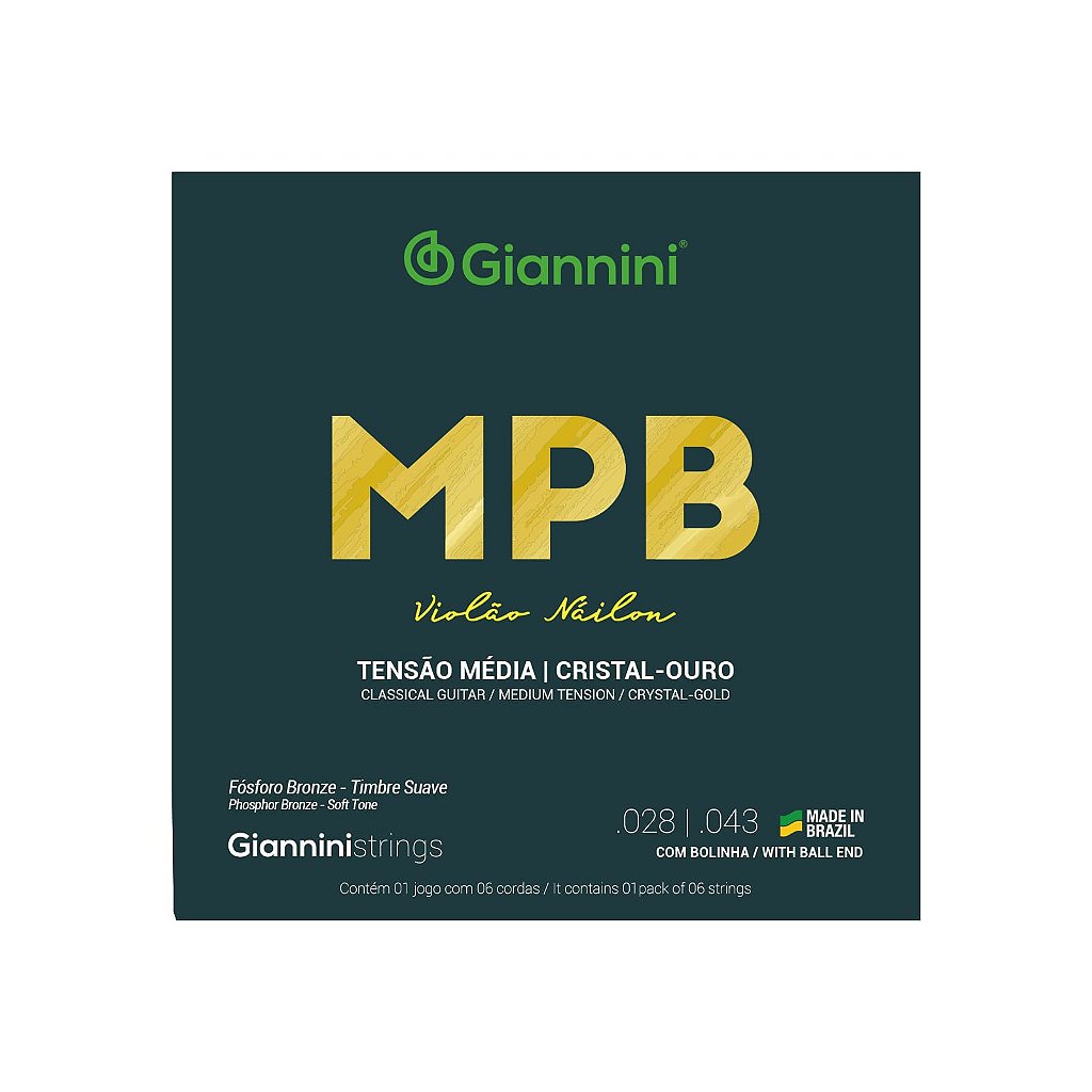 Encordoamento Violão Nylon 6 Cordas Giannini MPB Fósforo Bronze GENWG Cristal-Ouro Média