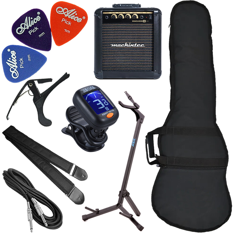 Kit Acessórios Carbon Para Contrabaixo C/ Capa Palhetas Cabo Suporte e Capotraste Cubo BX03