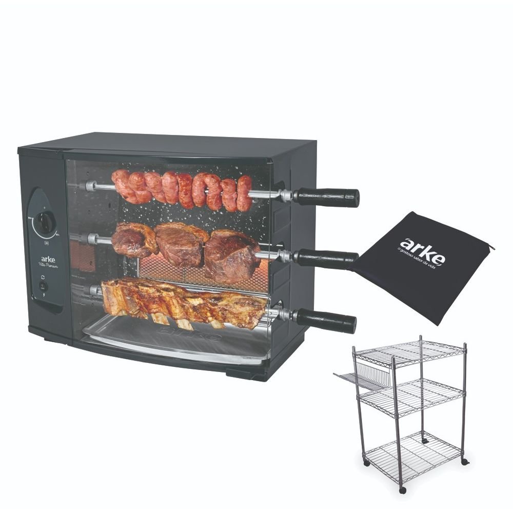 Kit Com Assador A Gás Vitta Premium 03 + Capa E Carrinho Churrasco Arke