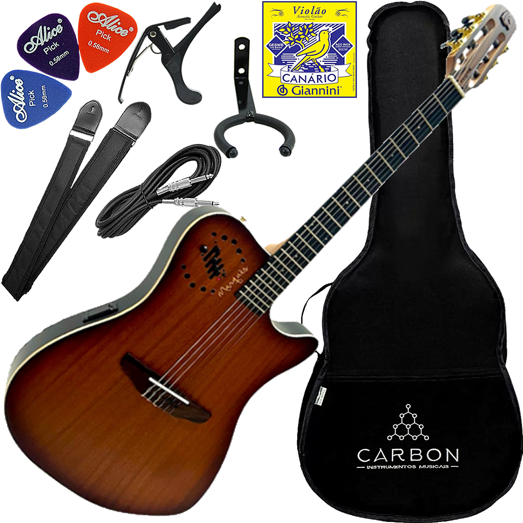 Kit Violão Eletroacústico Marquês VN-12 Flat Nylon Castanho VX02