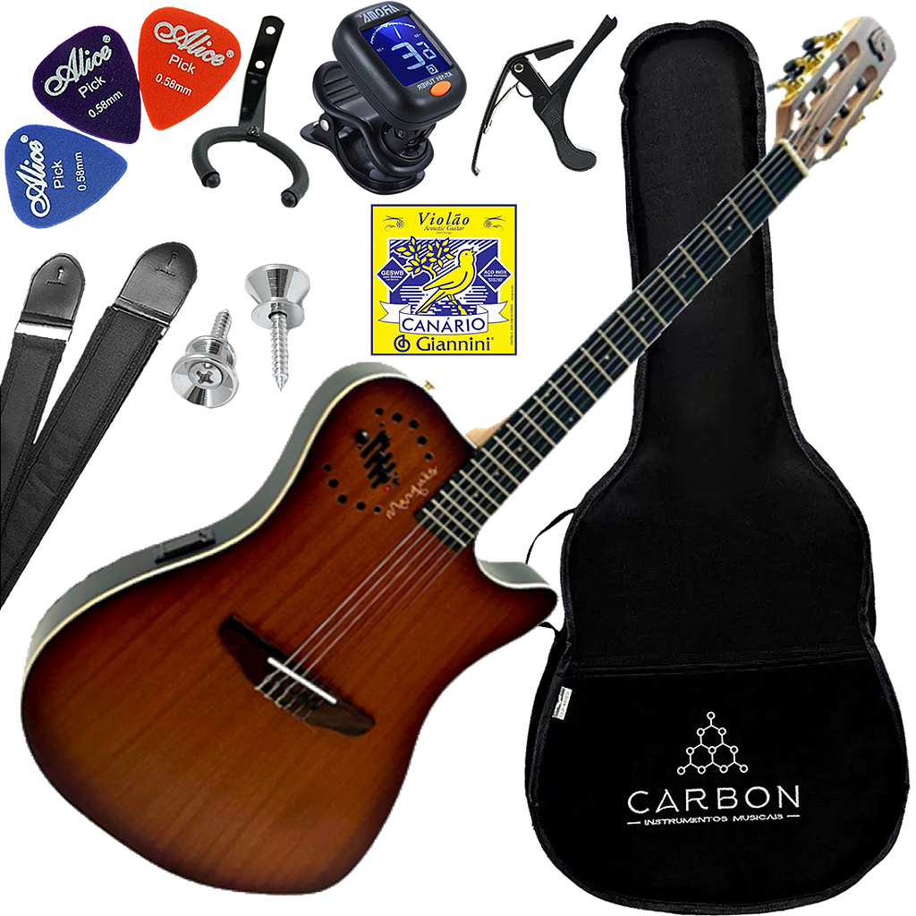 Kit Violão Eletroacústico Marquês VN-12 Flat Nylon Castanho VX05