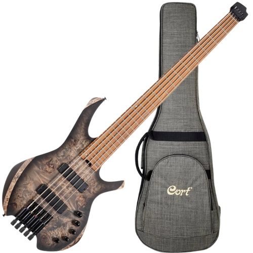 Contrabaixo Elétrico Cort Space5 SDB Star Dust Black Headless 5 Cordas Ativo com Captadores Bartolini e Bag