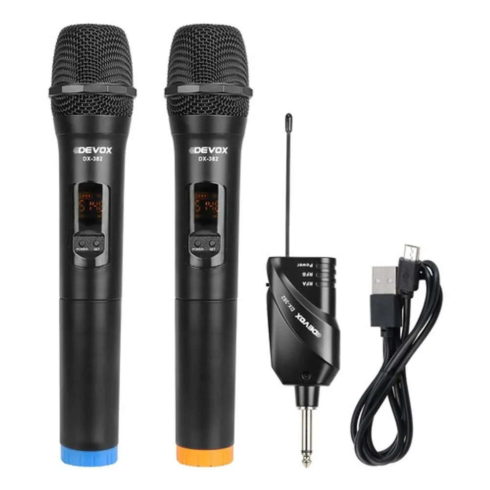 Sistema de Microfone Sem Fio Duplo Devox DX-382 UHF com 20 Frequências e Display Digital