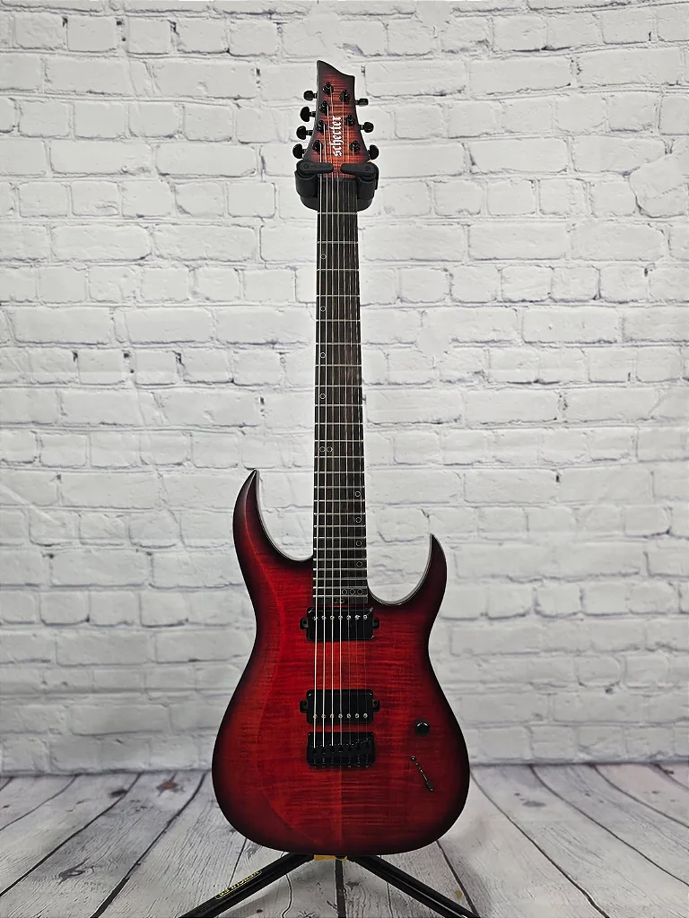Guitarra Schecter Sunset-7 Extreme Scarlet Burst 7 Cordas com Captadores Schecter USA Pasadena e Sunset Strip HH e Ponte Hipshot Hardtail 2573