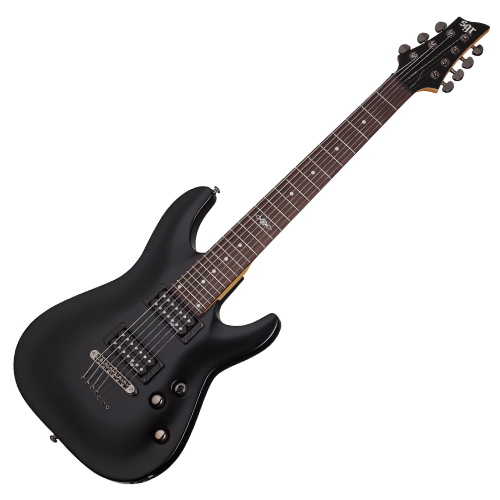 Guitarra Schecter C-7 SGR GBLK Gloss Black 7 Cordas com Captadores Schecter USA SuperCharger Mach-6 HH e Ponte Hipshot Hardtail 3814