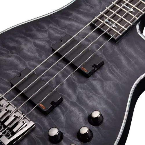 Contrabaixo Schecter Hellraiser Extreme-4 STBLS See-Thru Black Satin com Captadores EMG 35TW e Ponte Schecter Custom Bass String Thru 1909