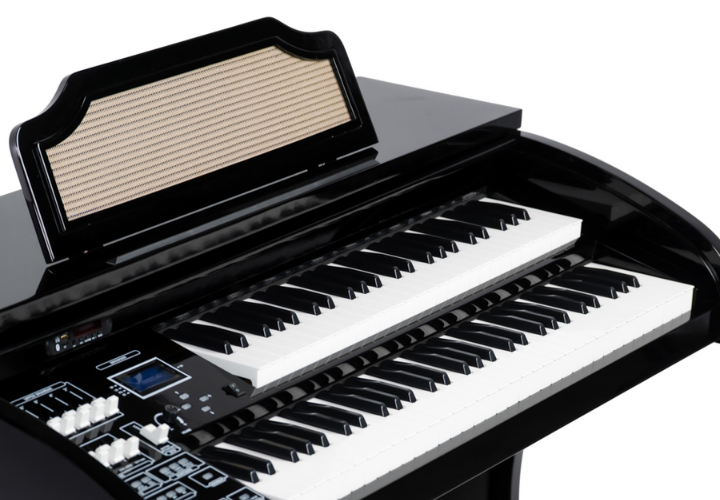 Órgão Digital Acordes AC450 Preto Alto Brilho com Teclados Waterfall, Drawbars Configuráveis, 128 Timbres GM e Pedaleira de 20 Notas