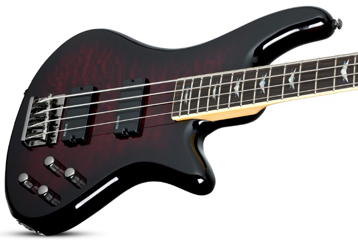 Contrabaixo Schecter Stiletto Extreme-4 Black Cherry com Top Maple Figured, Captadores Diamond Bass Humbucker e Pré Ativo 2 Bandas 2500